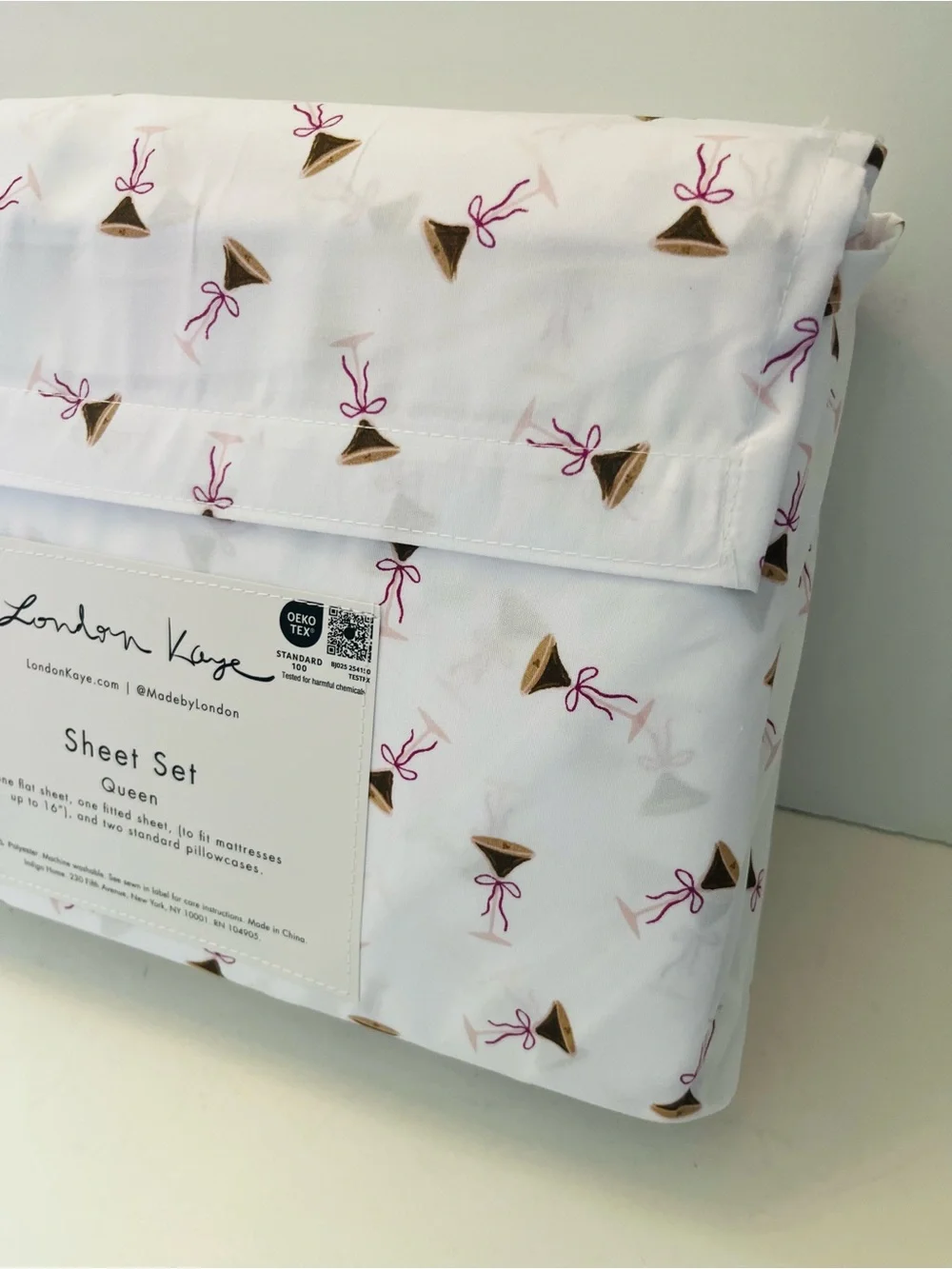 London Kaye Queen Sheet Sets Lot of 2 Petite Cherries & Cafe Espresso Martini